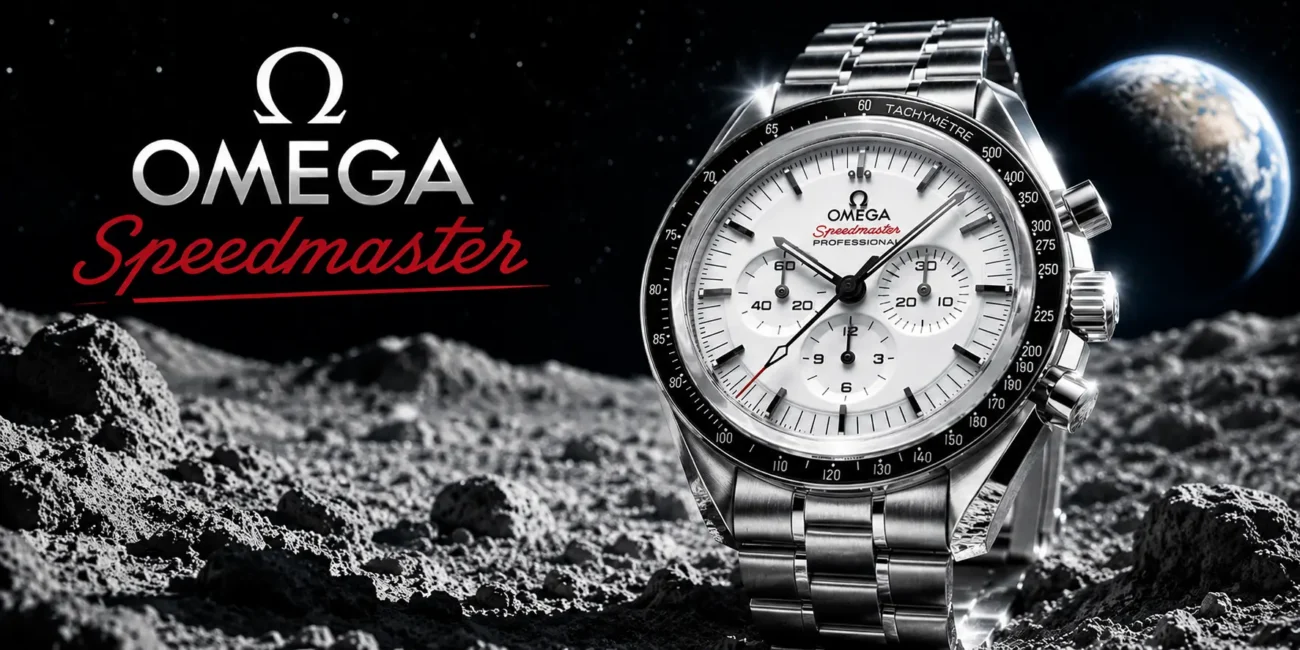 Omega Speedmaster Professional luxury chronograph watch with stainless steel bracelet displayed on a moon surface background, highlighting the iconic Moonwatch design and timeless luxury watch craftsmanship.