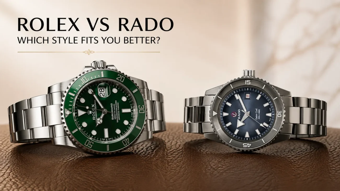 Rolex Submariner with green dial and Rado Captain Cook watch side by side, comparing luxury watch styles, design, and premium stainless steel craftsmanship.