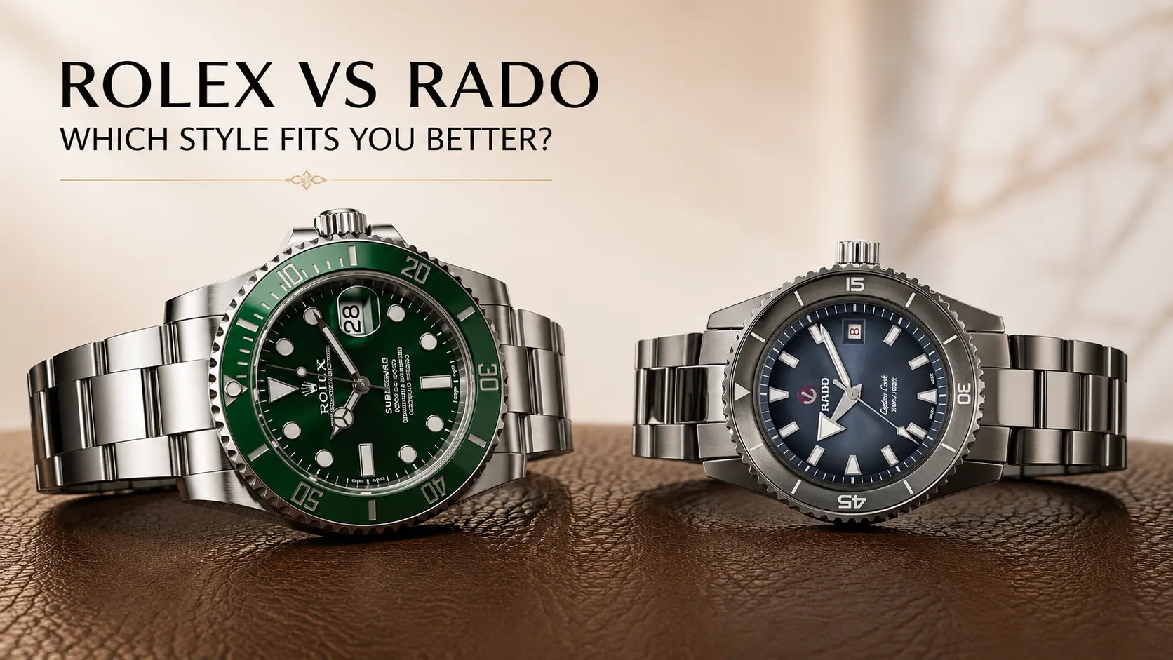 Rolex Submariner with green dial and Rado Captain Cook watch side by side, comparing luxury watch styles, design, and premium stainless steel craftsmanship.