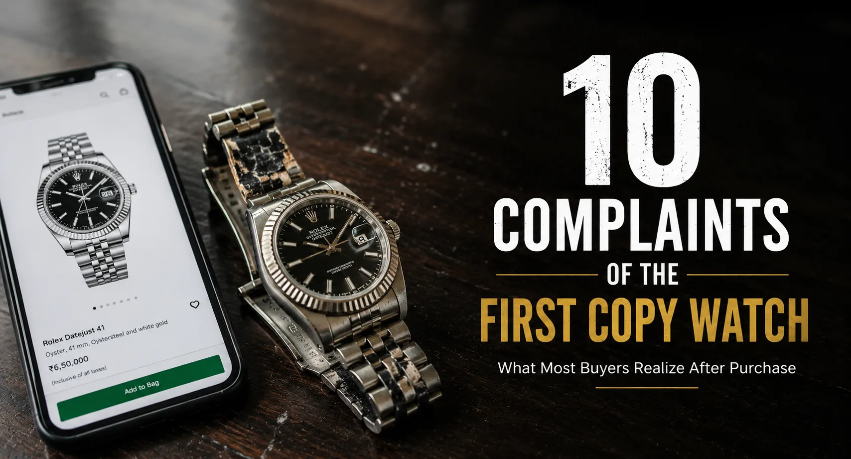 Luxury-style first copy wristwatch placed beside a smartphone displaying an online watch listing, with text highlighting 10 common complaints buyers experience after purchasing first copy watches.