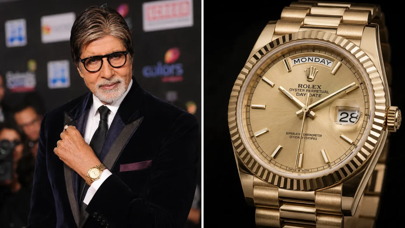 Abhishek Bachchan showcasing a Rado Centrix watch alongside a detailed view of the sleek black ceramic luxury timepiece.