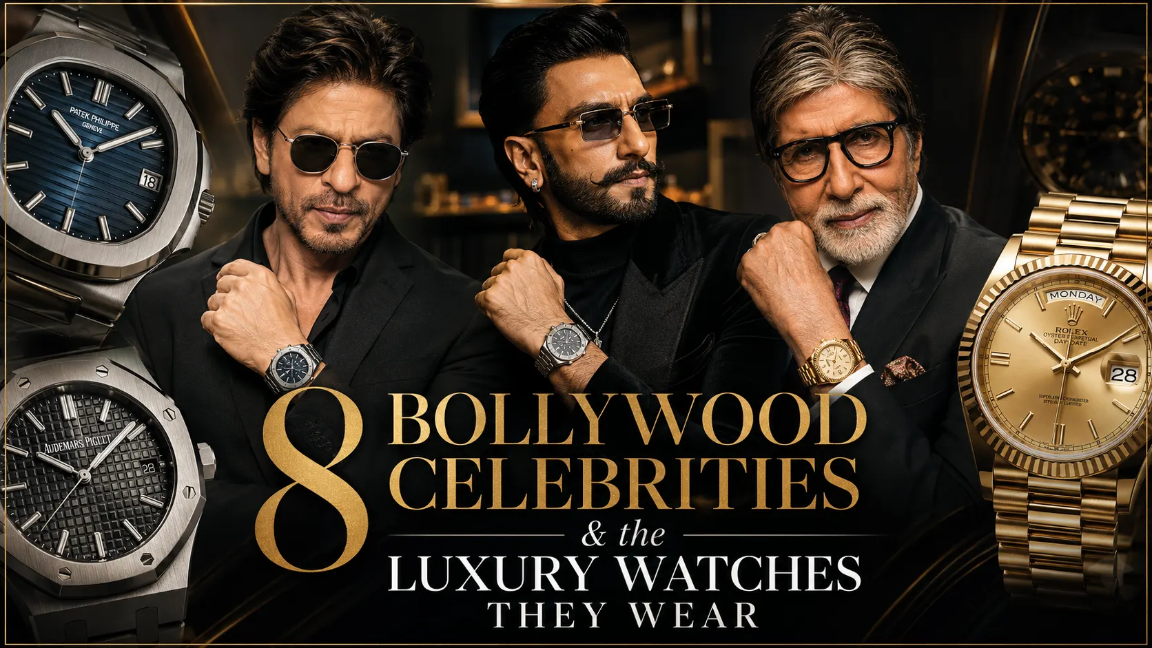 Collage featuring Bollywood celebrities wearing luxury watches, including Rolex, Patek Philippe, and Audemars Piguet timepieces, showcasing premium celebrity watch collections and luxury fashion accessories.