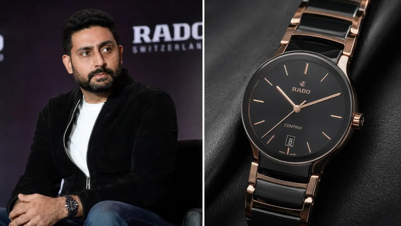 Abhishek Bachchan showcasing a Rado Centrix watch alongside a detailed view of the sleek black ceramic luxury timepiece.