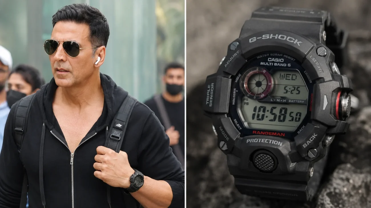Akshay Kumar sporting a Casio G-Shock Rangeman digital watch with a detailed view of the rugged shock-resistant outdoor timepiece.