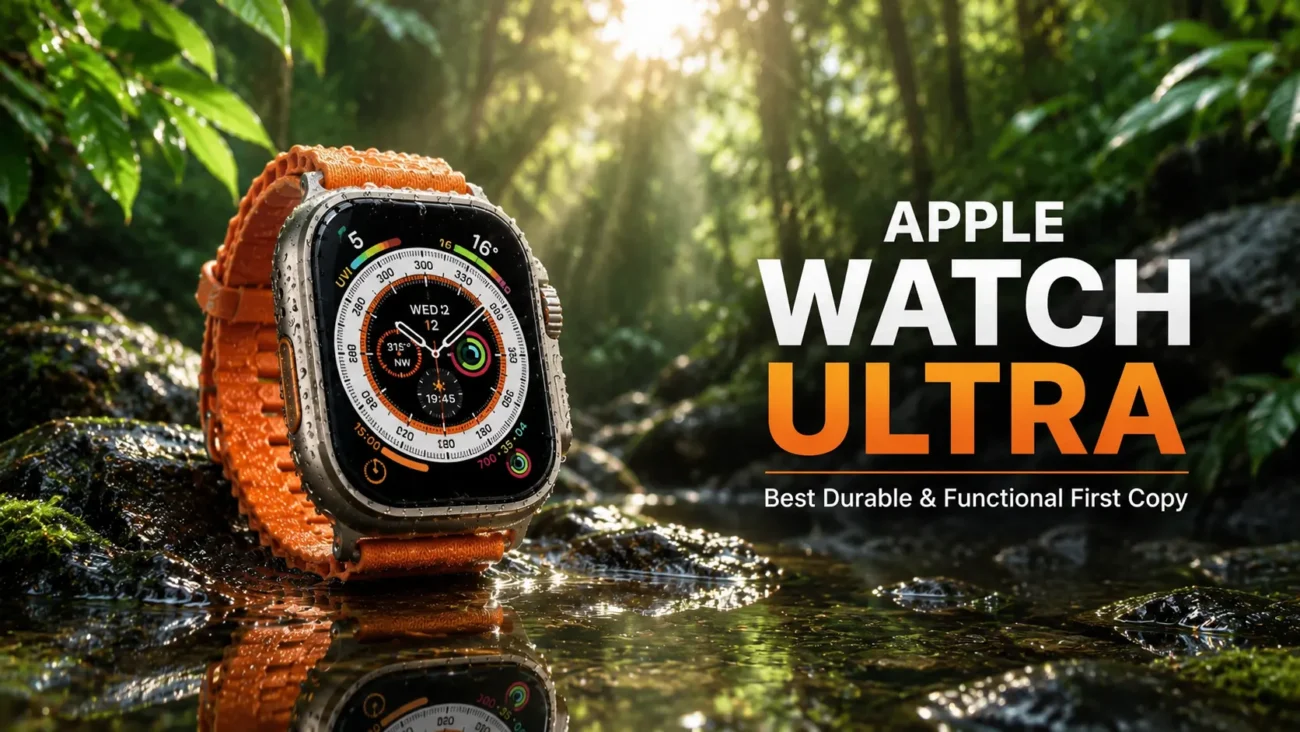Apple Watch Ultra first copy smartwatch with an orange rugged strap displayed on wet rocks in a rainforest stream, featuring a bright outdoor watch face, water-resistant design, and durable adventure-inspired build.