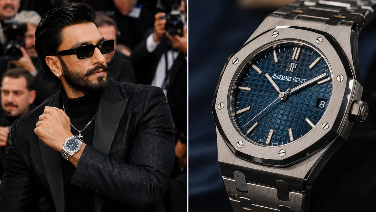 Ranveer Singh showcasing an Audemars Piguet Royal Oak watch paired with a close-up of the luxury stainless steel sports watch.