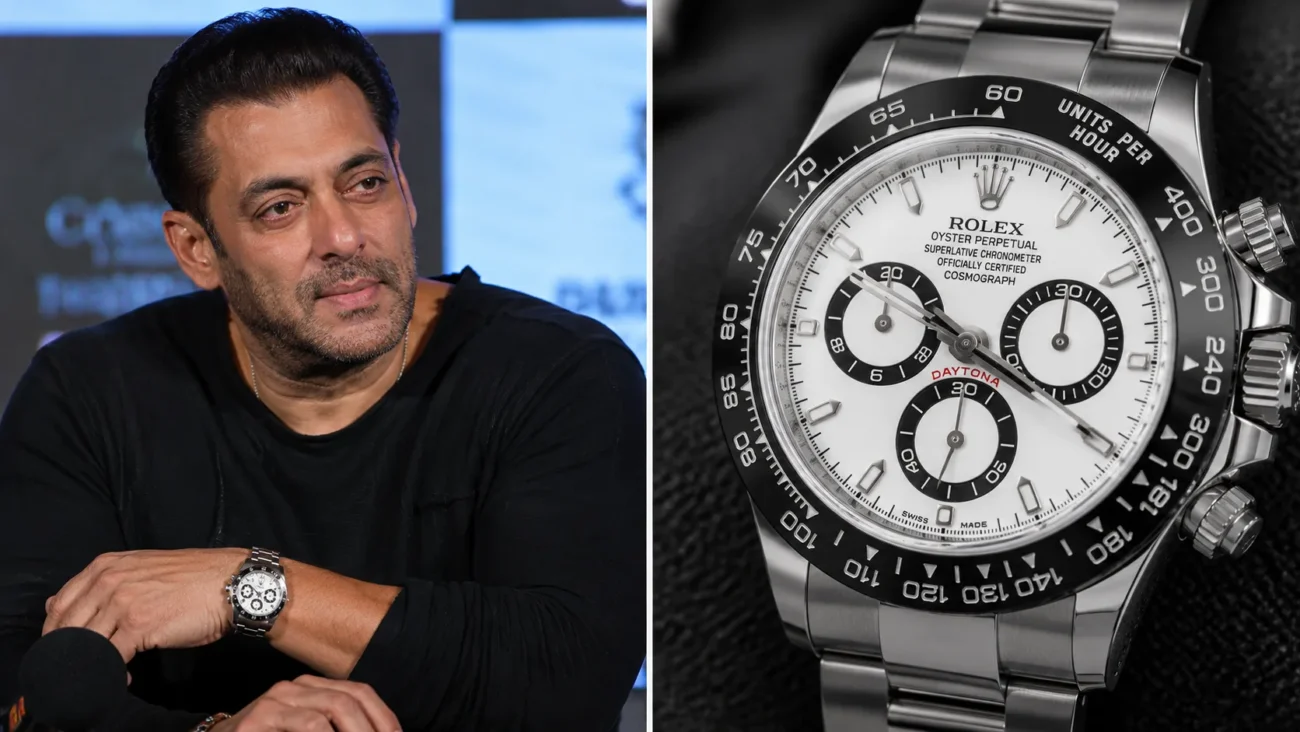 Salman Khan wearing a Rolex Daytona watch with a close-up image of the iconic luxury chronograph featuring a white dial.