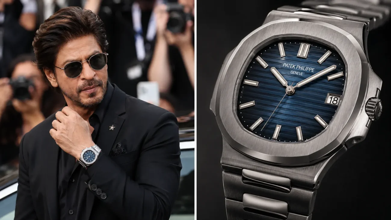 Shah Rukh Khan wearing a Patek Philippe Nautilus watch alongside a detailed close-up of the premium luxury Swiss timepiece.