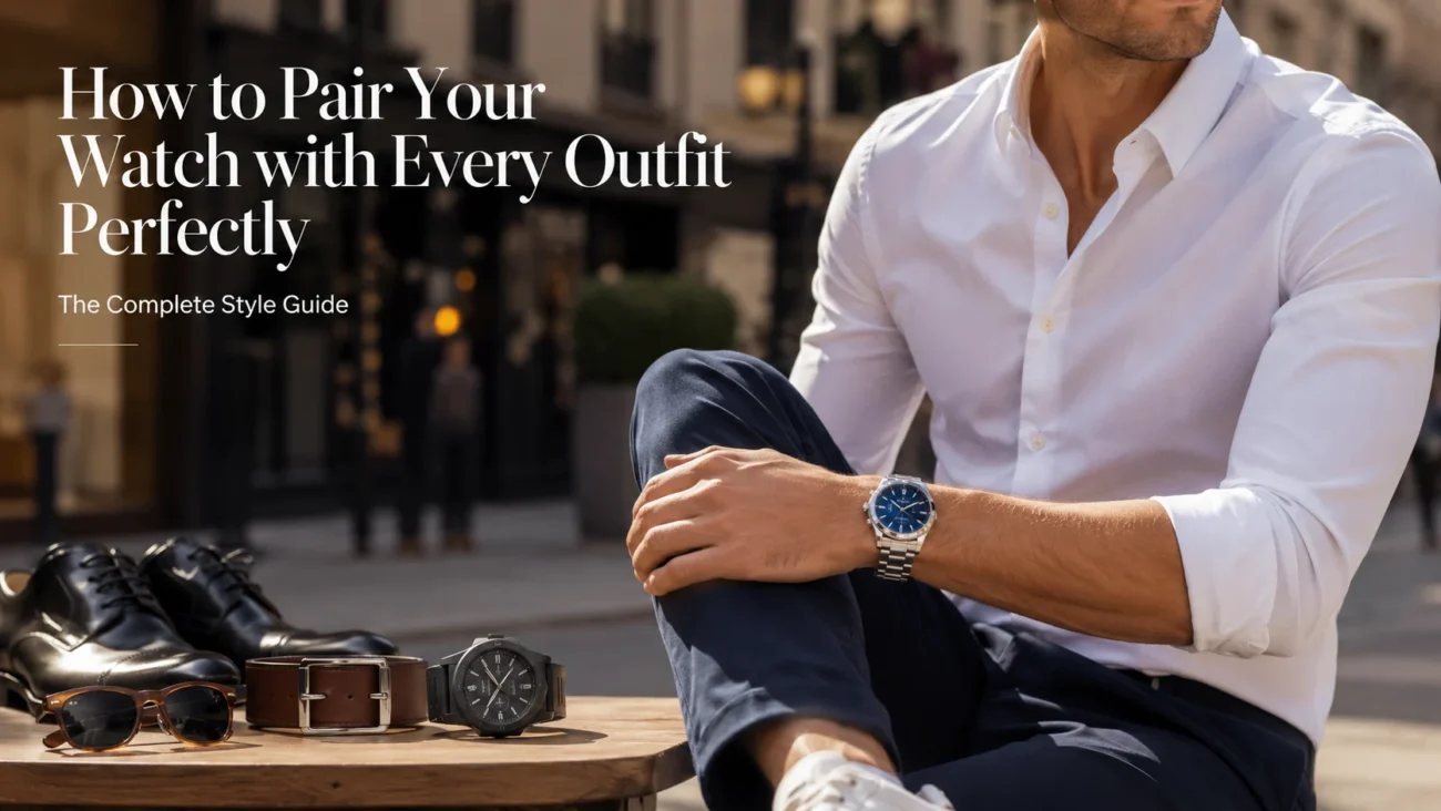 Luxury fashion banner featuring a man in a white shirt wearing a stainless steel wristwatch, with leather shoes, sunglasses, belt, and a sporty watch displayed on a wooden table against a modern city backdrop.